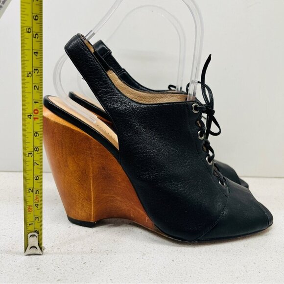 Boutique 9 Lace Up Heels Wood Block Wedge Black Leather Boho Peep Toe Sz 6.5  M - Picture 2 of 14